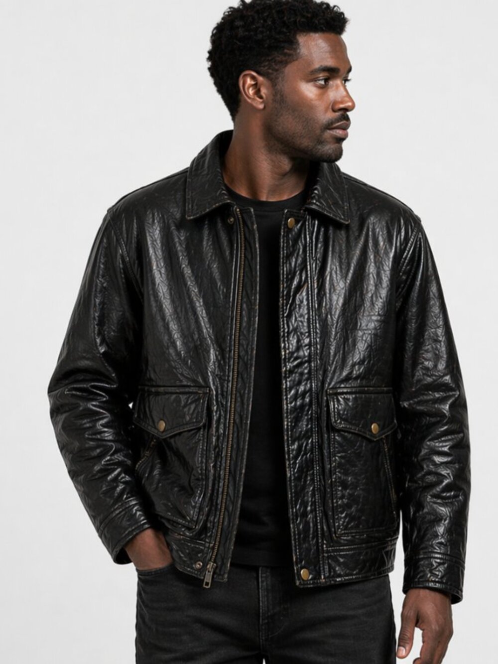 Genuine Leather Jacket Mens Medium Black Zip Front Snap Pocket Classic Coat